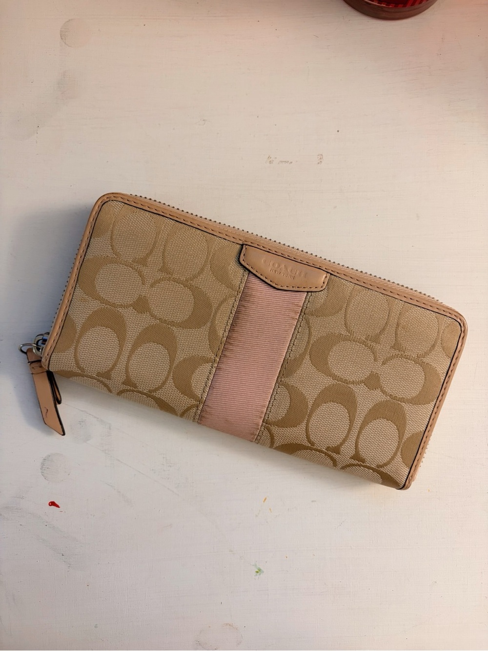 Vintage Coach Canvas Zip Wallet in Tan with Pink Signature Center Stripe